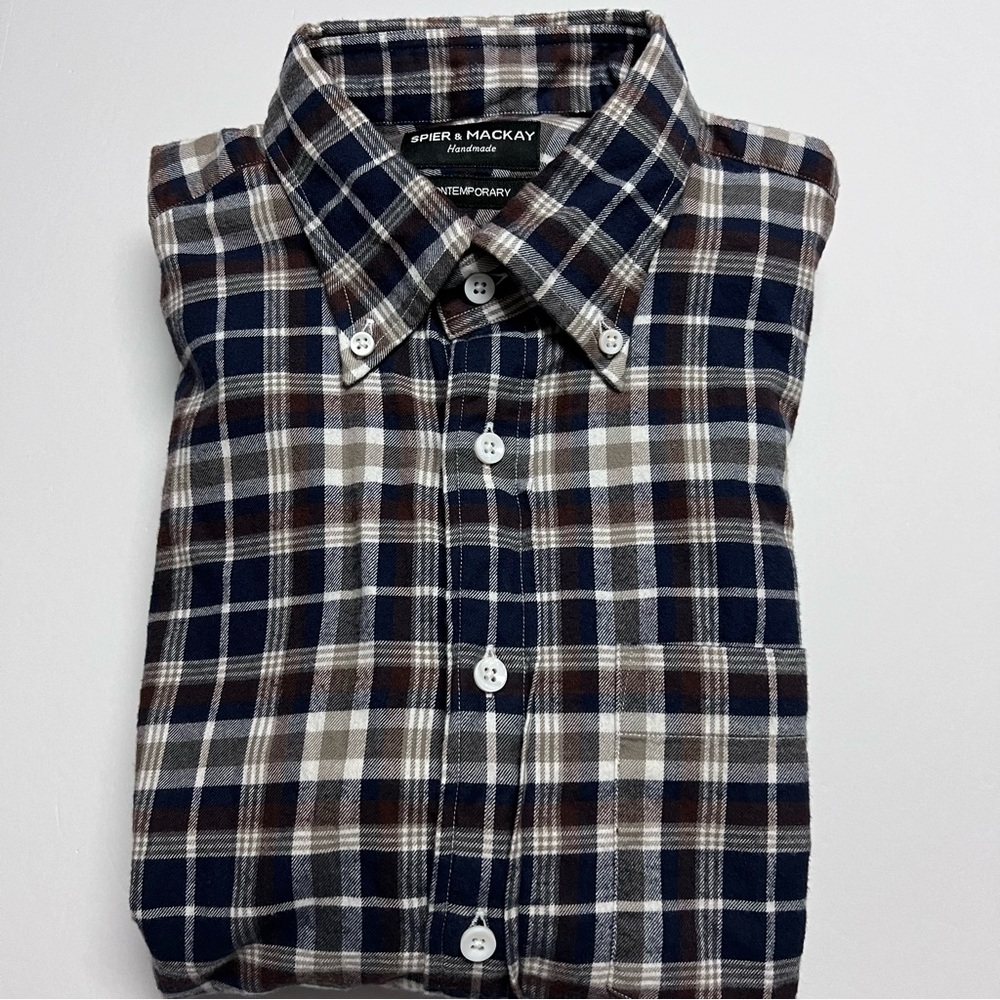Spier & Mackay Handmade Contemporary Fit Navy & Brown Check Flannel Shirt 16/34